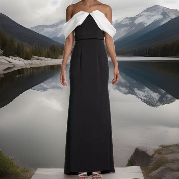 Carmen Marc Valvo Gown 16 NWT Black White Off Shoulder Formal Dress Evening Gala - Picture 3 of 8